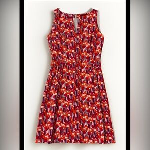 Carolina Herrera Red and Purple Square Geometric Pattern A-Line Pleated Sz.8 EUC